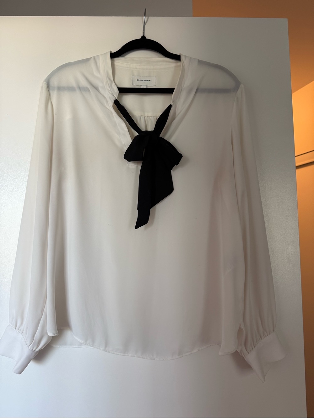 Banana Republic White Long-Sleeve Blouse with Black Bow Tie
